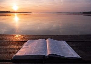 book on top of table and body of water